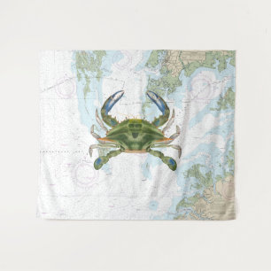 Blaue Krabbe mit nautischer Karte der Chesapeake B Wandteppich