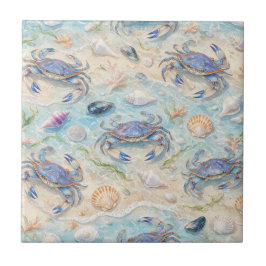 Blaue Krabbe & Muscheln Fliese
