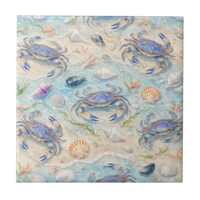 Blaue Krabbe & Muscheln Fliese (Vorderseite)