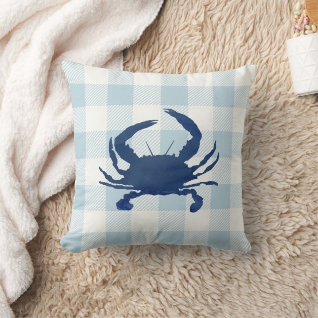 Blaue Krabbe Nautisch Blau Karo Gingham Kissen (Decke)