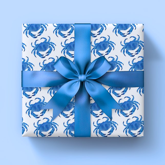 Blaue Krabbe Seaside Ocean Muster Geschenkpapier Set (Blue crab illustrated crustacean wrapping paper sheets.)