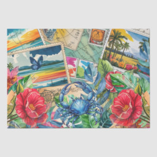 Blaue Krabbe Tropische Blumen & Schmetterling-Deco Seidenpapier