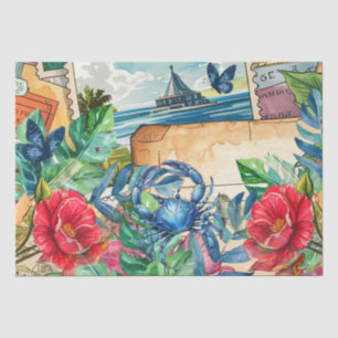 Blaue Krabbe Tropische Blumen & Schmetterlinge Seidenpapier