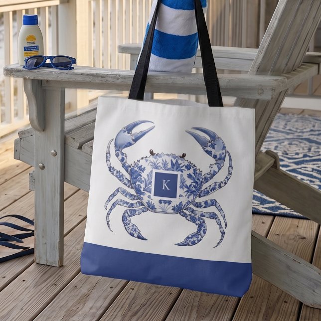 Blaue Krabben-Küstenschiff Monogramm-Tragetasche (Von Creator hochgeladen)