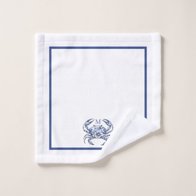 Blaue Krabben-Küstenschifffahrt-Monogramm Badhandtuch Set (Waschlappen)