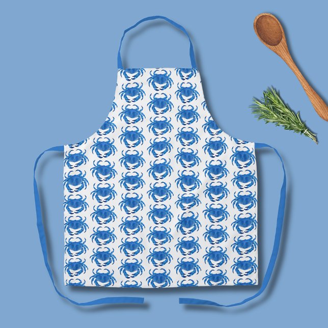 Blaue Krabben Muster Schürze (Blue crab pattern kitchen apron on white background. )