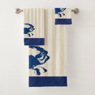 Blaue Krabben-u. Taupe-Küstenstreifen Badhandtuch Set