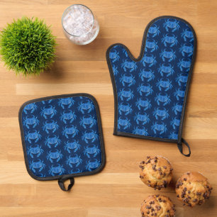 Blaue Krabbenmuster Ofenhandschuh & Topflappen-Set