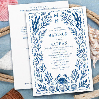 Blaue Krabbenschale Ozean Strand Hochzeit QR Code Einladung