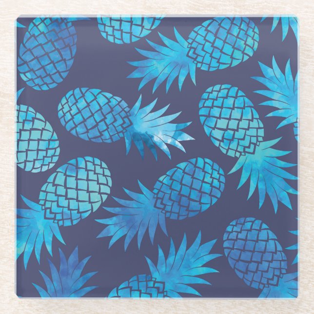 Blaue Krawatten-Ananas Glasuntersetzer (Vorderseite)