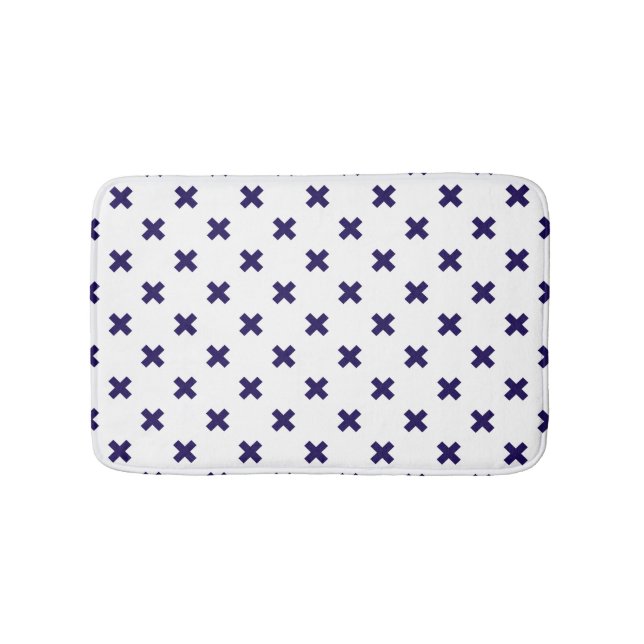 Blaue Kreuzstiche auf weiß Badematte (Vorderseite)