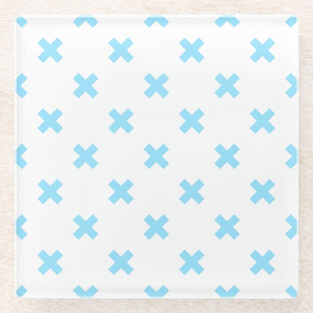 Blaue Kreuzstiche auf weiß Glasuntersetzer (Vorderseite)
