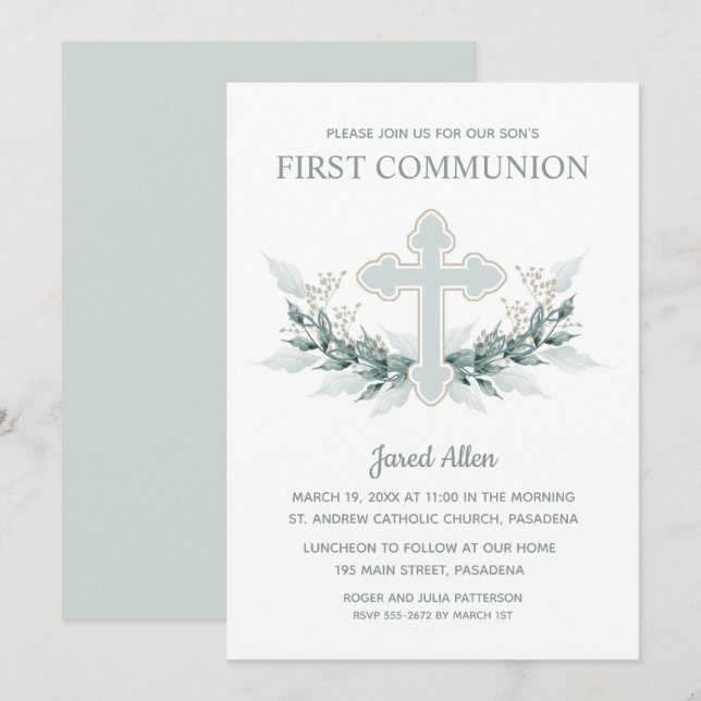 Blaue Kreuzung Grüne erste Kommunion Einladung (Vorne/Hinten)