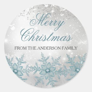 Blaue Kristall-Schneeflocken-Weihnachtssticker Runder Aufkleber