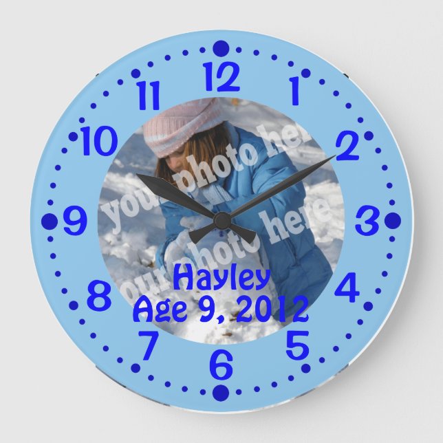 Blaue kundenspezifische Foto-Text-Uhr mit Große Wanduhr (Vorderseite)
