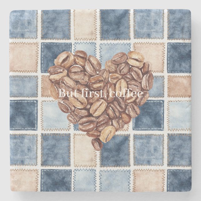 Blaue Kunst-Denim-Creme Erste Kaffeebohnen Herz Steinuntersetzer (Vorderseite)