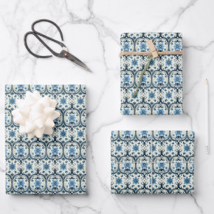 Blaue Kunstblumen im Jugendstil Geschenkpapier Set