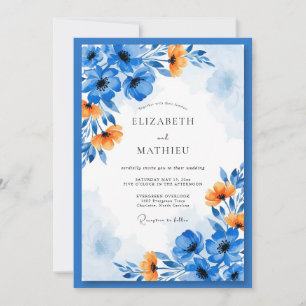 Blaue künstlerische Blumenehe Einladung