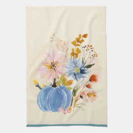Blaue Kürbis- und Wildblumen-Wasserfarbe | Herbstf Geschirrtuch