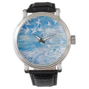 Blaue Küste Vögel Moderne Wasserfarben Kunst Armbanduhr