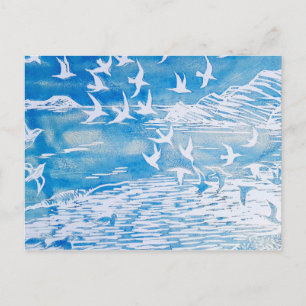 Blaue Küste Vögel Moderne Wasserfarben Kunst Postkarte