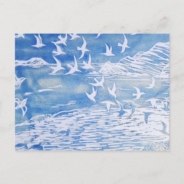 Blaue Küste Vögel Moderne Wasserfarben Kunst Postkarte (Vorderseite)