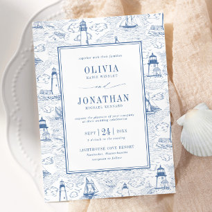 Blaue Küsten-Chic-Leuchtturm-Toile-Hochzeit Einladung
