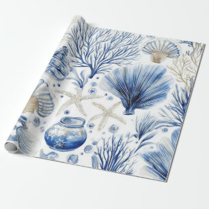 Blaue Küsten-Toile-Schalen-Korallen-Muster (3) Geschenkpapier