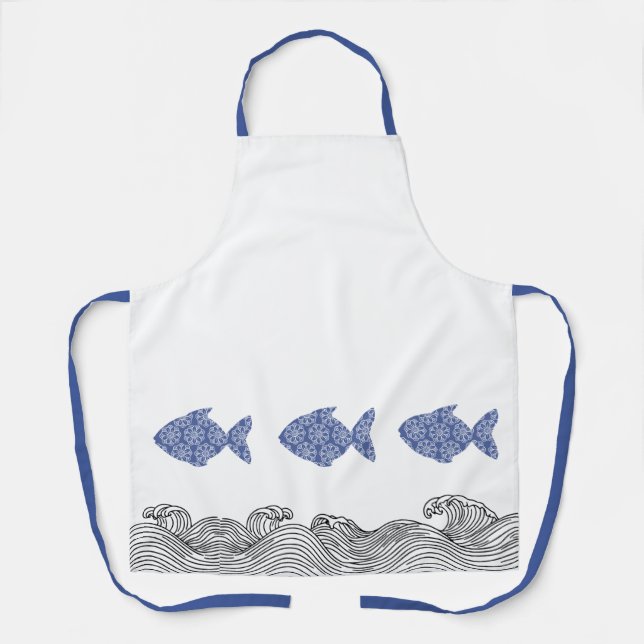 Blaue Küstenfische & Wellen Schürze (Vorderseite)