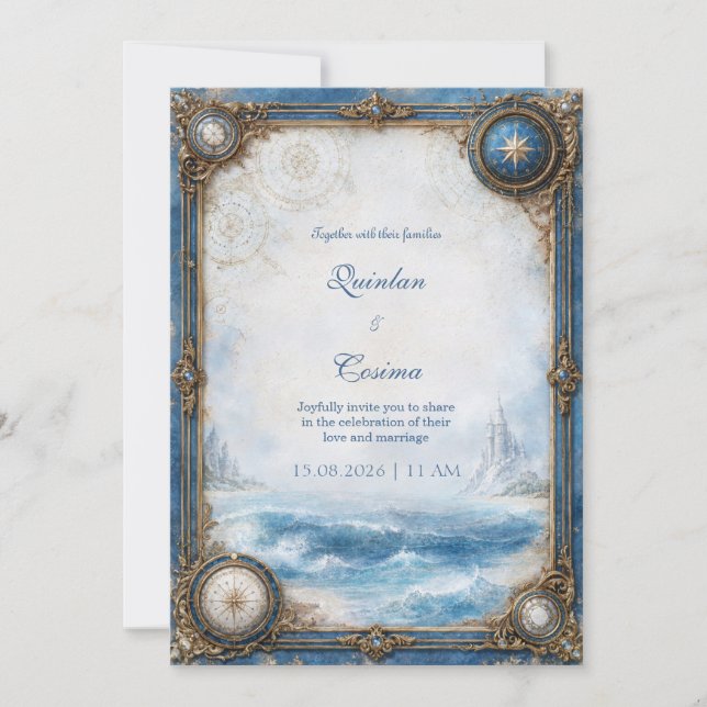 Blaue Küstenkompass-Hochzeit Einladung (Vorderseite)