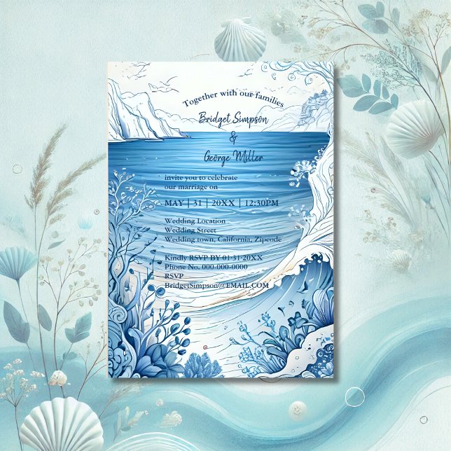 Blaue Küstenvibe Hochzeit Einladung (Von Creator hochgeladen)