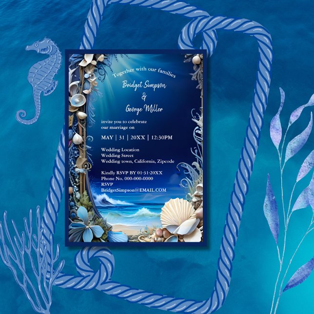 Blaue Küstenvibe Hochzeit Einladung (Von Creator hochgeladen)