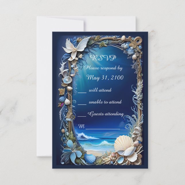 Blaue Küstenvibe Hochzeitskarte RSVP Karte (Vorderseite)