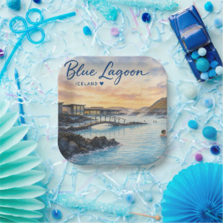 Blaue Lagune Island Thermalbad Aquarell Pappteller