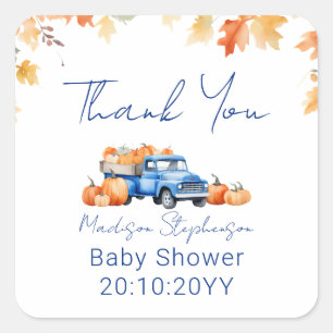 Blaue Lastwagen & Kleiner Kürbis auf dem Weg Baby  Quadratischer Aufkleber