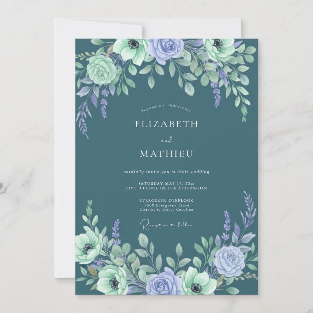 Blaue Lavendel-Blumenbogen-Hochzeit Einladung (Vorderseite)