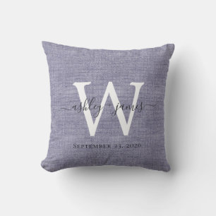 Blaue Leinenweiße Monogramm-Hochzeitsandenken Kissen