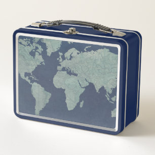 Blaue LeinenWeltkarte Metall Lunch Box