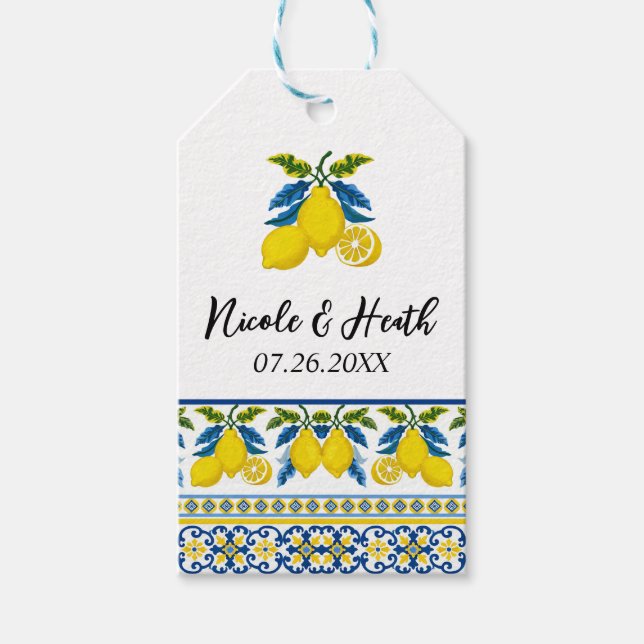 Blaue Lemon Wasserfarbe Mittelmeer Hochzeit Geschenkanhänger (Vorderseite)