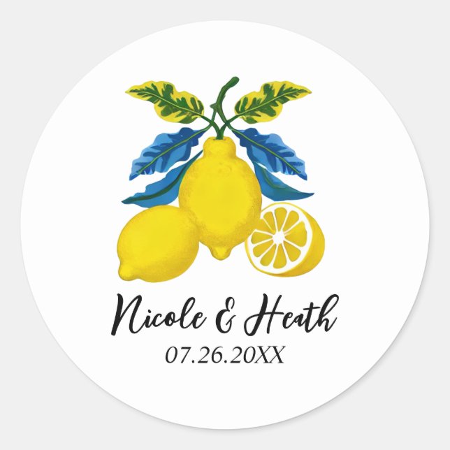 Blaue Lemon Wasserfarbe Mittelmeer Hochzeit Runder Aufkleber (Vorderseite)