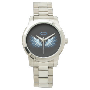 Blaue leuchtende Engelsflügel auf schwarzem Hinter Armbanduhr