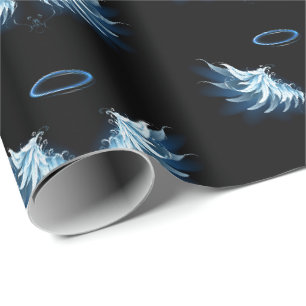 Blaue leuchtende Engelsflügel auf schwarzem Hinter Geschenkpapier
