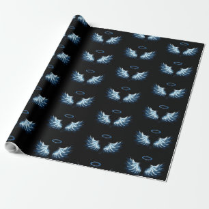 Blaue leuchtende Engelsflügel auf schwarzem Hinter Geschenkpapier