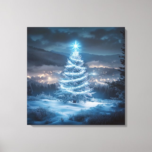Blaue leuchtende Weihnachtsbaum-Winternacht Leinwanddruck (Vorderseite)