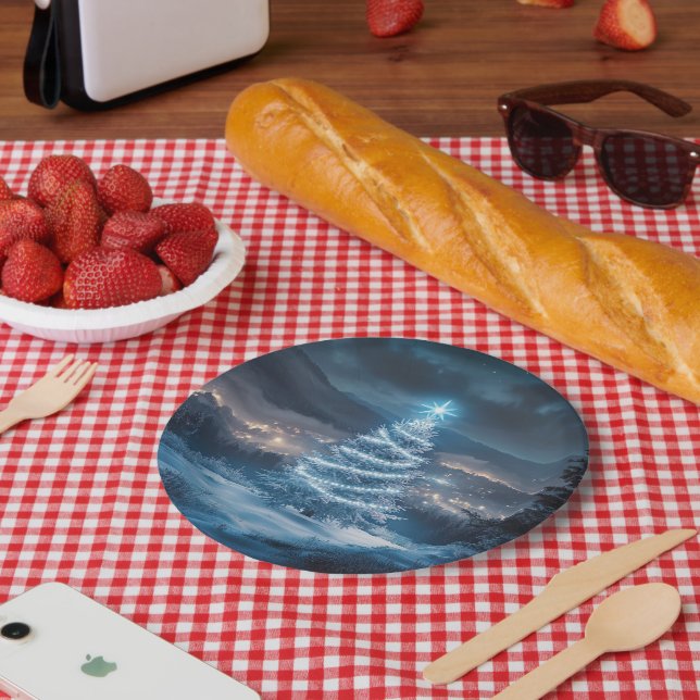 Blaue leuchtende Weihnachtsbaum-Winternacht Pappteller (Picknick)