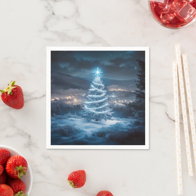 Blaue leuchtende Weihnachtsbaum-Winternacht Serviette (Beispiel)