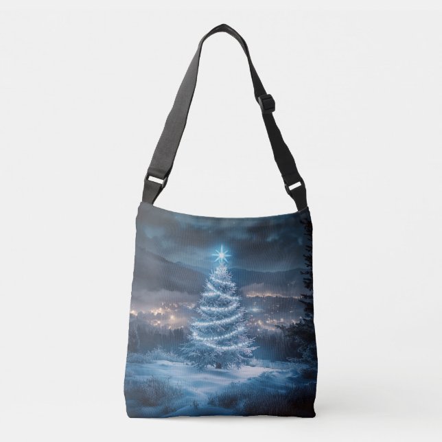 Blaue leuchtende Weihnachtsbaum-Winternacht Tragetaschen Mit Langen Trägern (Vorderseite)