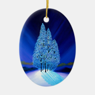 Blaue leuchtende Weihnachtsbäume Keramikornament