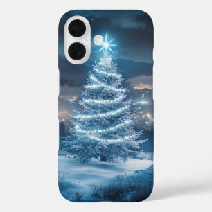 Blaue leuchtende Winternacht-Christbaum iPhone 16 Hülle