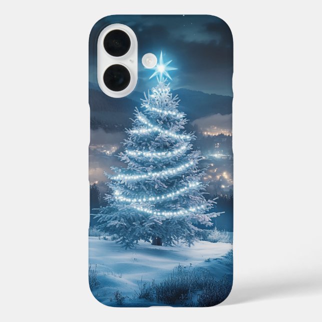 Blaue leuchtende Winternacht-Christbaum Case-Mate iPhone Hülle (Rückseite)